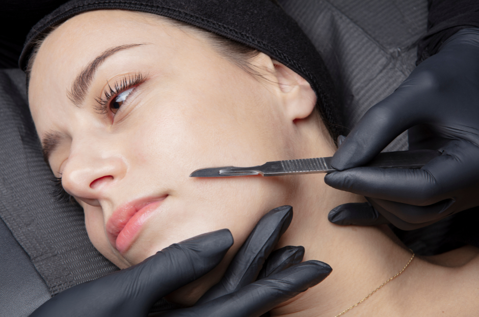 woman getting dermaplaning treatment done to her face. What is dermaplaning, concept image.